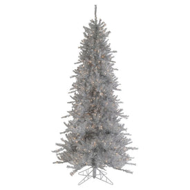 7.5' Pre-Lit Silver Tinsel Pine Slim Artificial Christmas Tree with Clear Lights