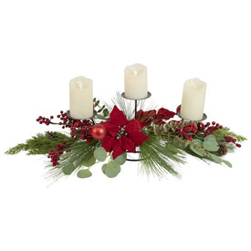 32" Triple Candle Holder with Red Berry and Poinsettia Christmas Decoration