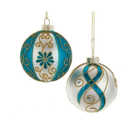 3.15" (80MM) Gold, Dark Teal, and White Embellished Ball Ornaments Set of 6