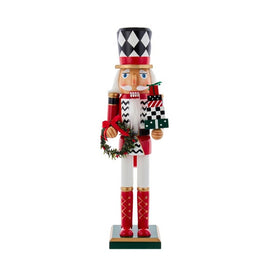 15" Red, White and Black Nutcracker with Gift Box and Wreath