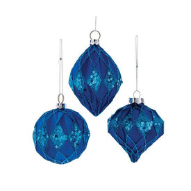 3.15" (80MM) Glittered, Sequin Blue Ball, Finial, and Onion Ornaments Set of 3