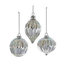 3.15" (80MM) Glitter and Silver Ball, Finial, and Onion Ornaments Set of 3