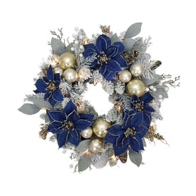 24" Unlit Blue and Gold Poinsettia Decorated Flocked Wreath