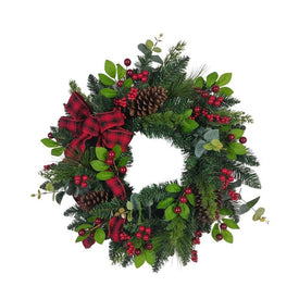 24" Unlit Berries and Pine Cone Ribbon Wreath