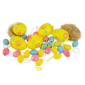 3.25" Blue and Yellow Painted Floral Spring Easter Egg Ornaments Set of 29