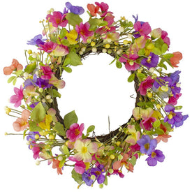 20" Artificial Wild Flowers and Berries Spring Twig Wreath - Pink and Yellow