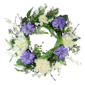 22" Artificial Purple Daisy and Peony Foliage Twig Floral Wreath