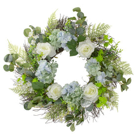 24" Artificial Hydrangea Rose and Geranium Floral Spring Wreath - White and Blue