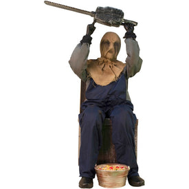 Chainsaw Rusty the Sitting Scarecrow Indoor/Outdoor Animatronic Halloween Figurine by Tekky