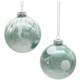 80 MM Green Glass Dot and Icicle Patterned Ball Ornaments Set of 6