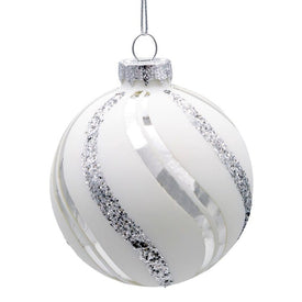80 MM White Glittered Glass Swirl Ball Ornaments Set of 6