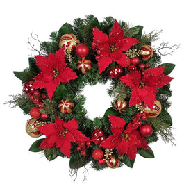 30" Unlit Red and Gold Poinsettia Wreath