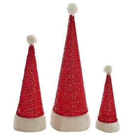 Red Sequined Santa Hat Cone Trees Set of 3