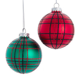 80 MM Red and Green Plaid Glitter Ball Ornaments Set of 6