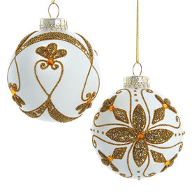 80 MM White Glass Ball Ornaments with Gold Beads Set of 6