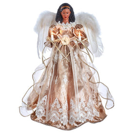 16" Lighted White and Rose Gold African American Angel Christmas Tree Topper