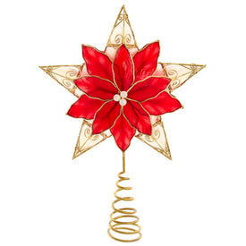 10.5" Red Poinsettia and Gold Capiz Star Tree Topper