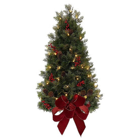 26" Battery-Operated Pre-Lit Berry and Pine Cone Cedar Wall Tree with Red Bow and LED Lights