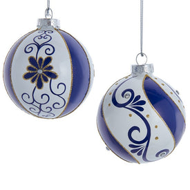 80 MM Blue and White Glass Ball Ornaments Set of 6