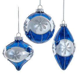 80 MM Blue Glass Snowflake Ball, Onion, and Teardrop Ornaments Set of 3
