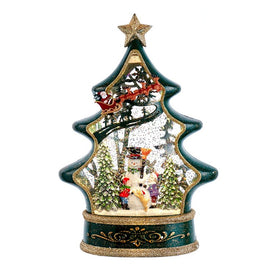 11.25" Battery-Operated Light-Up Tree-Shaped Water Globe with Snowman and Santa Sleigh