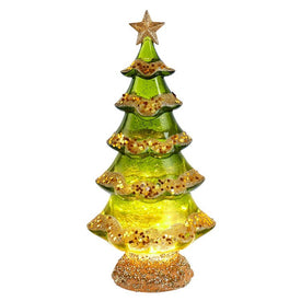 12.5" Battery-Operated Glitter Green and Gold Swirl Christmas Tree Water Globe with LED Lights