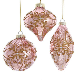 80 MM Pink Glass Ball, Onion, and Teardrop Ornaments Set of 3