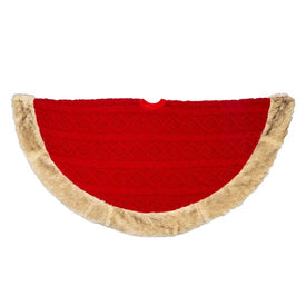 48" Red Knit Christmas Tree Skirt with Tan Faux Fur Border
