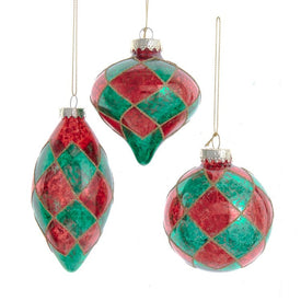 80 MM Green and Red Glass Ball, Onion, and Teardrop Ornaments Set of 3