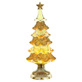 13.75" Battery-Operated Glitter Clear and Gold Swirl Christmas Tree Water Globe with LED Lights