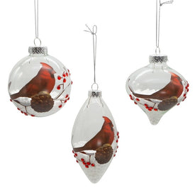 80 MM Transparent Glass Cardinal Ball, Onion, and Teardrop Ornaments Set of 3