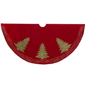 60" Red Christmas Tree Skirt with Green Embroidered Christmas Tree Design