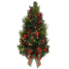 26" Battery-Operated Pre-Lit Red Berry and Green Pine Wall Tree with Plaid Bow, Ornaments, LED Lights
