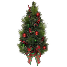26" Unlit Red Berry and Green Pine Wall Tree with Plaid Bow and Ornaments