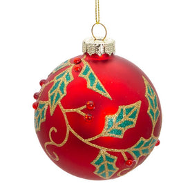 80 MM Red Glass Berry and Holly Leaves Ball Ornaments Set of 6