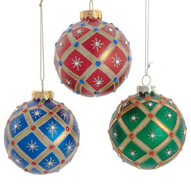 80 MM Red, Green, and Blue Glass Jewel Ball Ornaments Set of 6