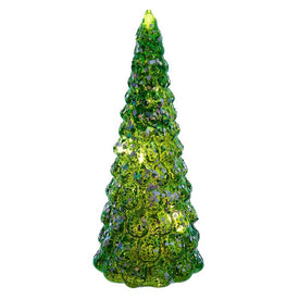 8.25" Green Glass Glittered Tabletop Tree with LED Lights