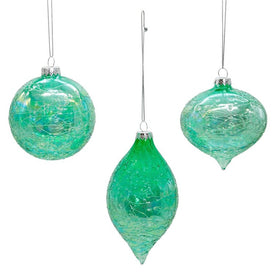 80 MM Iridescent Green Glass Onion, Ball, and Finial Ornaments Set of 3