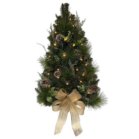 26" Battery-Operated Pre-Lit Farmhouse Cedar and Pine Cone Wall Tree with Bow and LED Lights