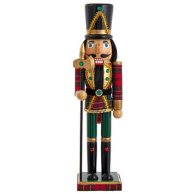 15" Wooden Green and Red Plaid Soldier Nutcracker