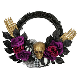 22" Unlit Skull with Hands and Purple Roses Halloween Twig Wreath