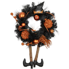 24" Unlit Orange and Black Witch and Pumpkins Halloween Wreath