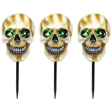 Lighted Skeleton Head Halloween Pathway Markers with Sound Set of 3