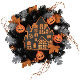 24" Unlit Orange and Black Haunted House Halloween Wreath