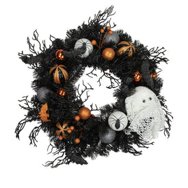 24" Unlit Orange Ornaments and Ghost Halloween Pine Wreath