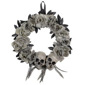 16" Unlit Double Skull and Gray Roses Halloween Wreath