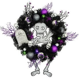 24" Unlit Purple and Black Spooky Skeleton Pine Halloween Wreath