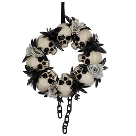 15" Unlit Skulls and Chains with Gray Roses Halloween Wreath