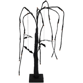 24" Lighted Black Glittered Halloween Willow Tree with Bats and Orange LED Lights