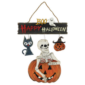 14.5" Skeleton with Jack-O'-Lanterns and Black Cat Happy Halloween Hanging Decoration